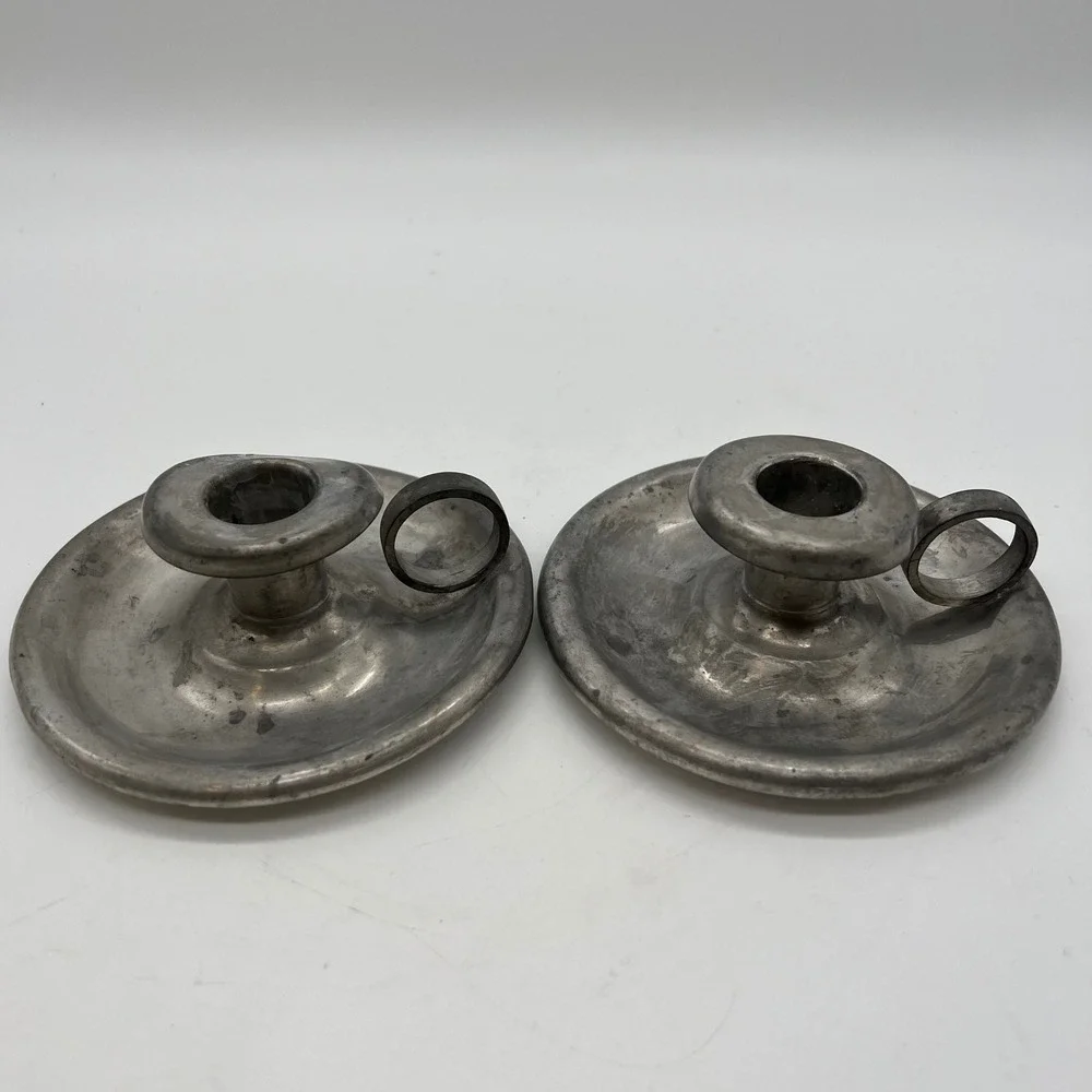 Woodbury Pewterers Candlestick Holders Pair Hand-Ome Brushed Chamberstick VTG